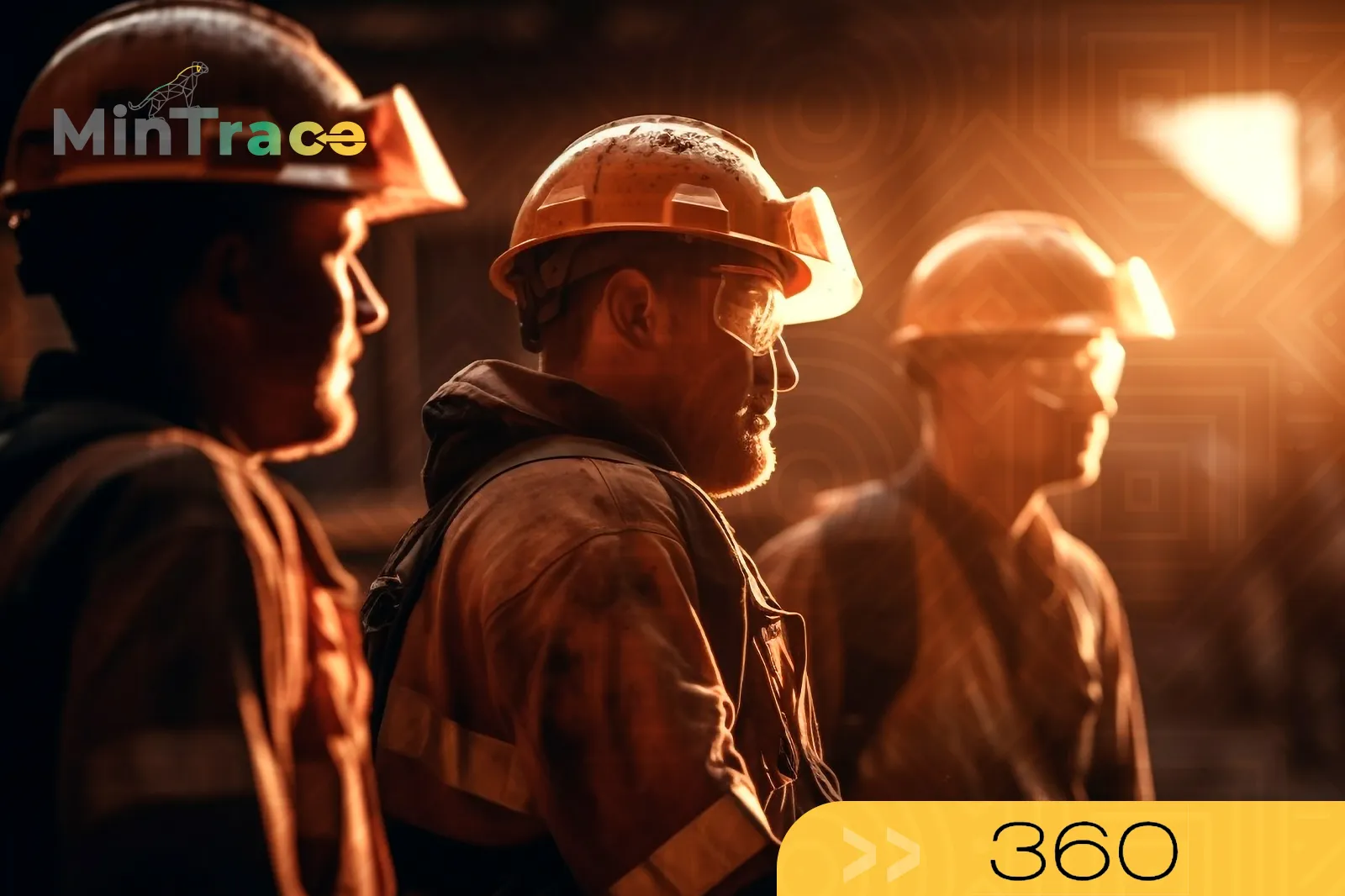 Trabajadores mineros con casco y la marca MinTrace