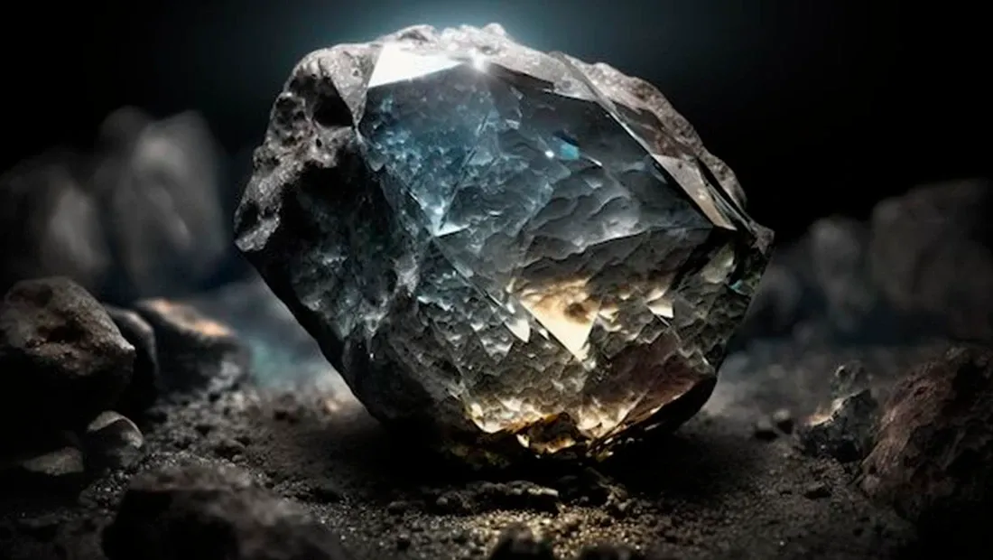 Diamante en bruto sobre roca oscura