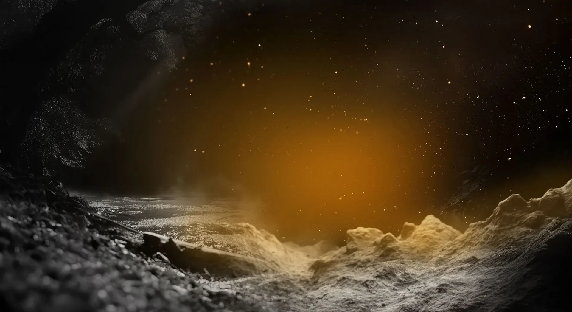 Rocas en la noche con un resplandor dorado