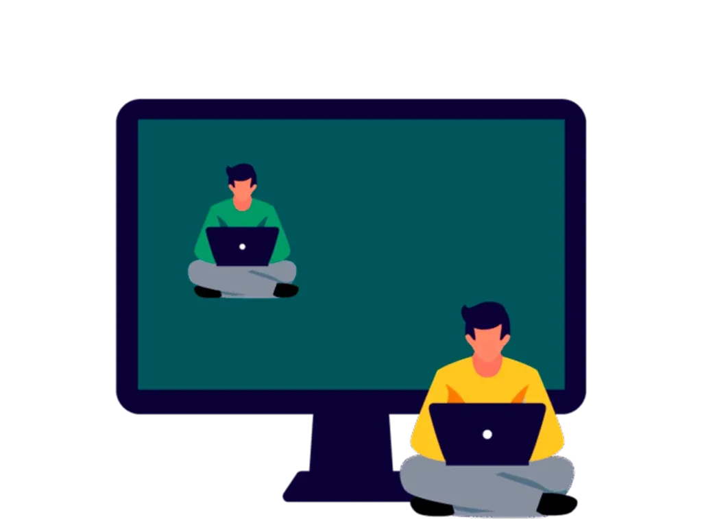 Ilustración: dos personas trabajan con portátil frente a un monitor