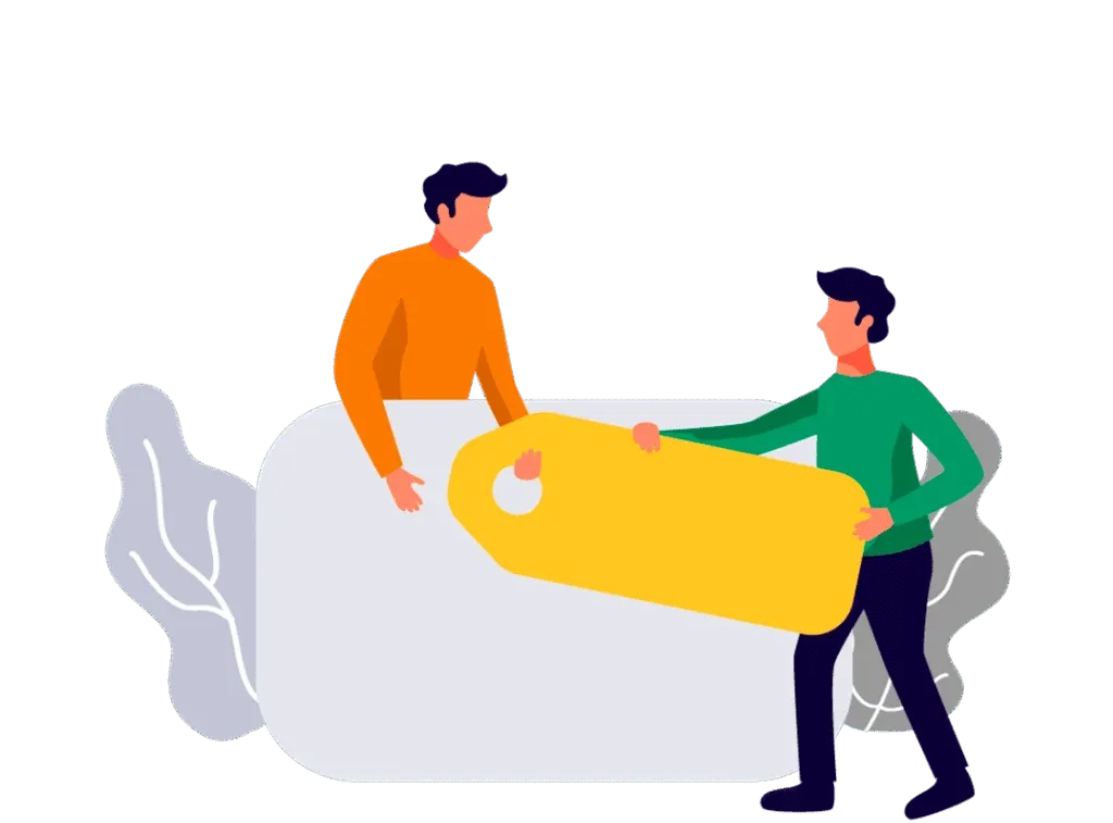 Ilustración: dos personas cargan juntas una etiqueta