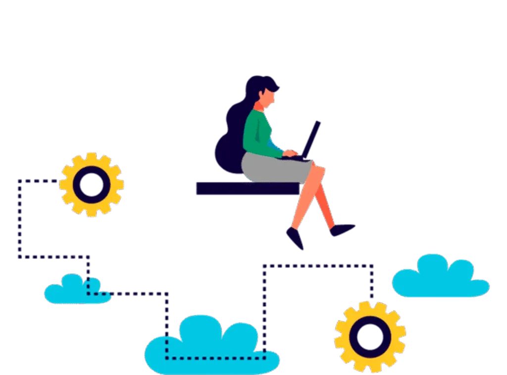 Ilustración: persona con portátil conectada a engranajes y a la nube