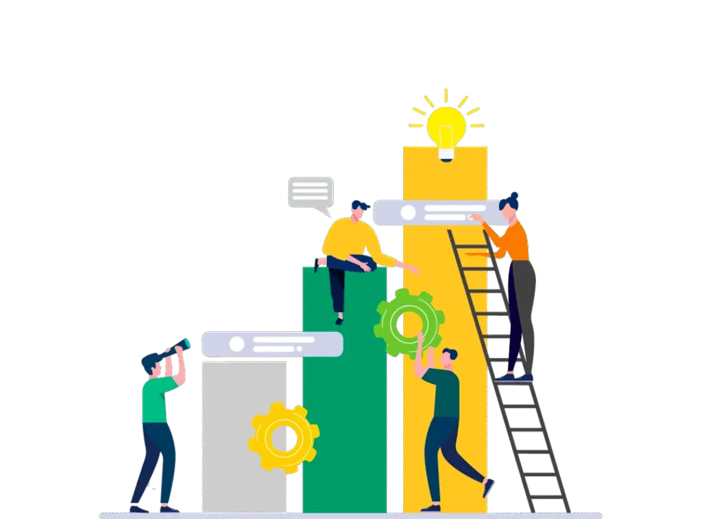 Ilustración: equipo que construye barras de un gráfico con engranajes