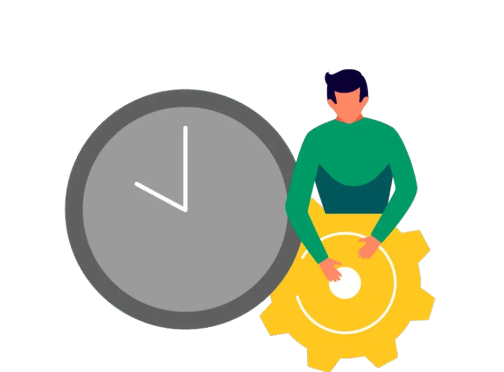 Ilustración: persona con un engranaje junto a un reloj