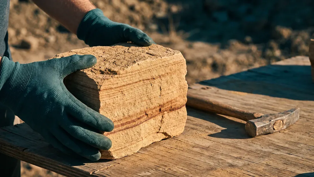 Muestra de arenisca sobre una mesa de campo, en primer plano. Imagen ilustrativa.