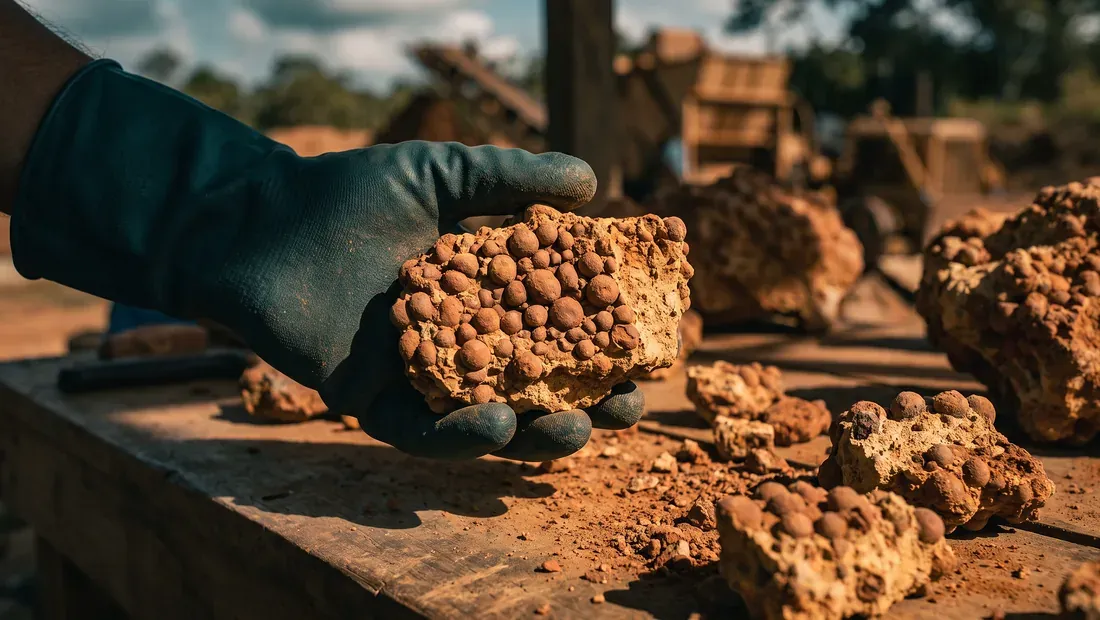 Muestra de bauxita sobre una mesa de campo, en primer plano. Imagen ilustrativa.