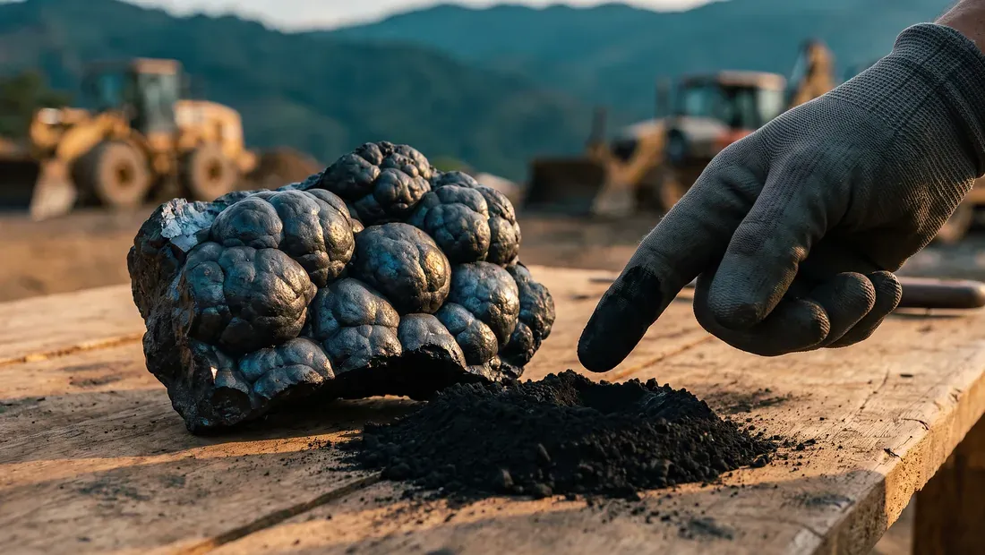 Muestra de manganeso sobre una mesa de campo, en primer plano. Imagen ilustrativa.
