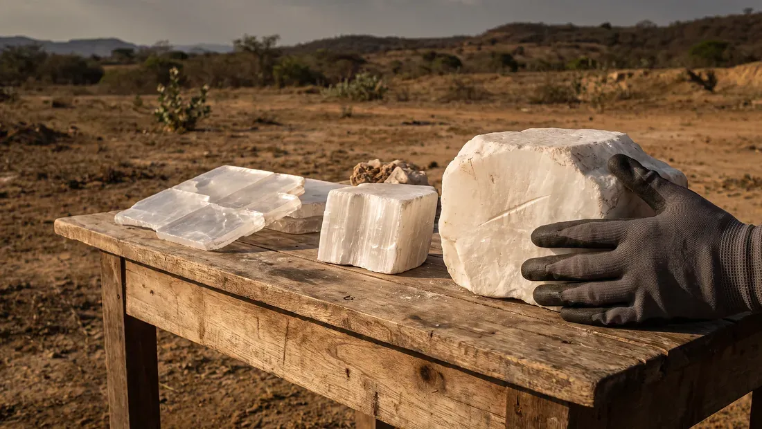 Muestra de yeso sobre una mesa de campo, en primer plano. Imagen ilustrativa.