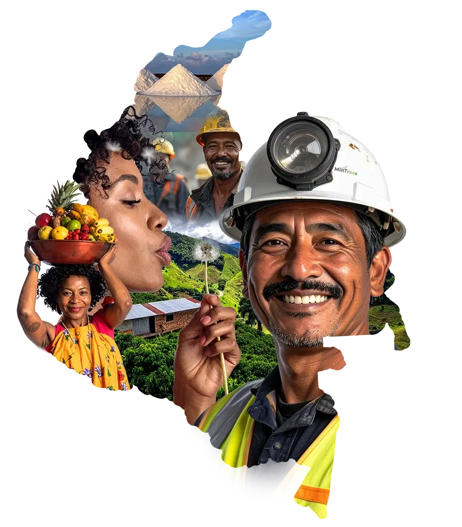 Mapa de Colombia con un minero sonriente, una mujer con frutas, montañas y minas