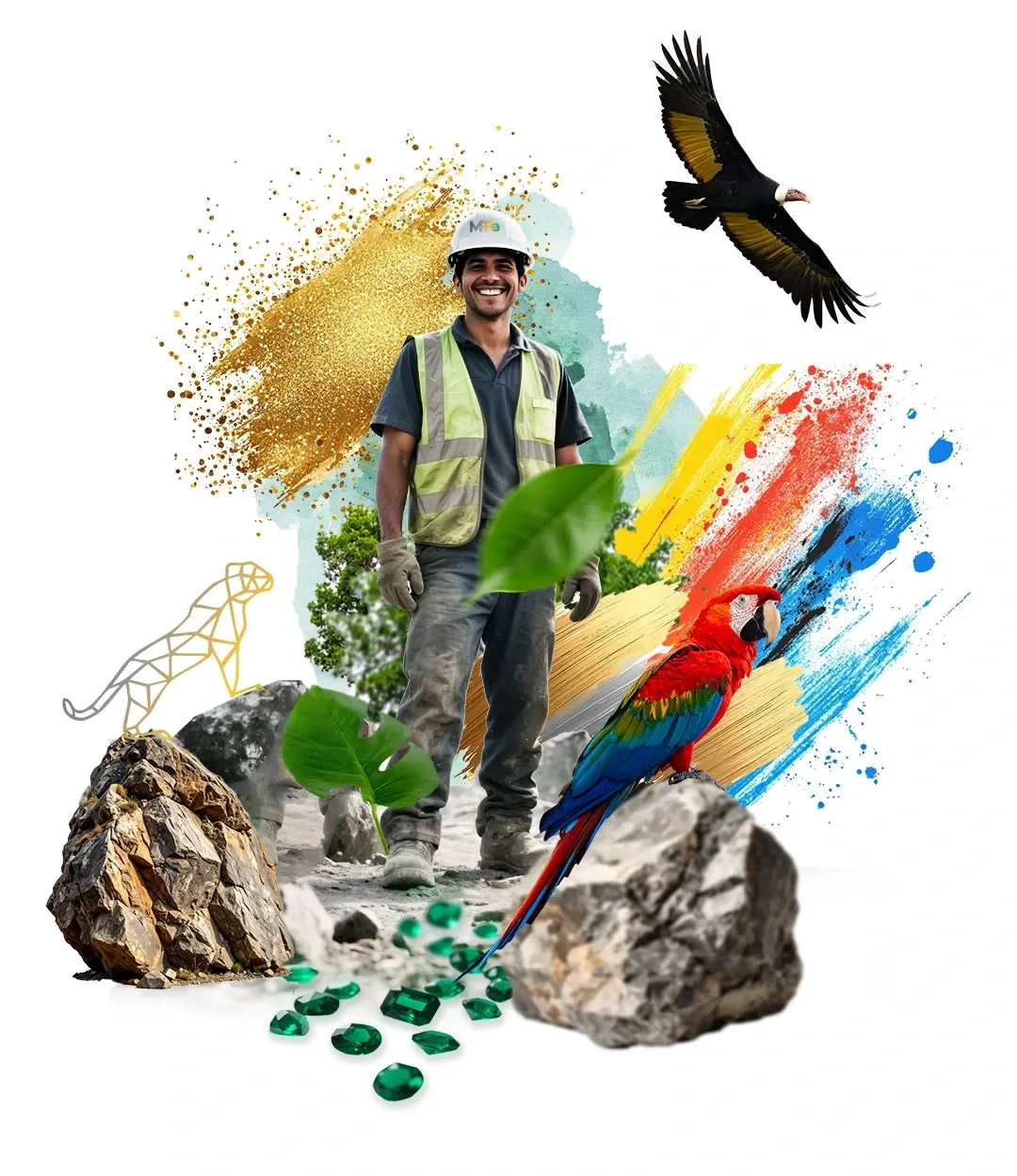 Minero con casco y chaleco entre rocas y esmeraldas, con una guacamaya, un cóndor y el guepardo de MinTrace