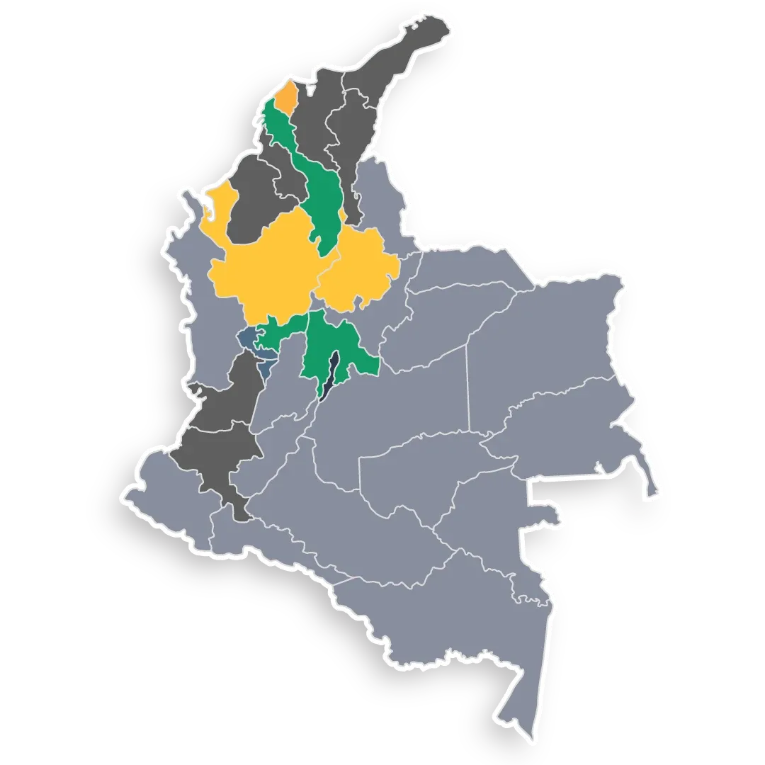 Mapa de Colombia con departamentos en dorado y verde