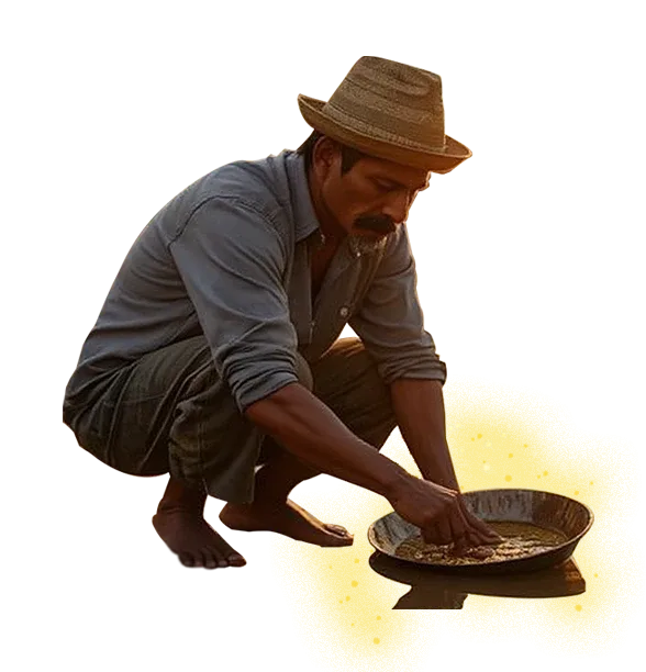 Minero con sombrero lava oro en su batea, con un brillo dorado
