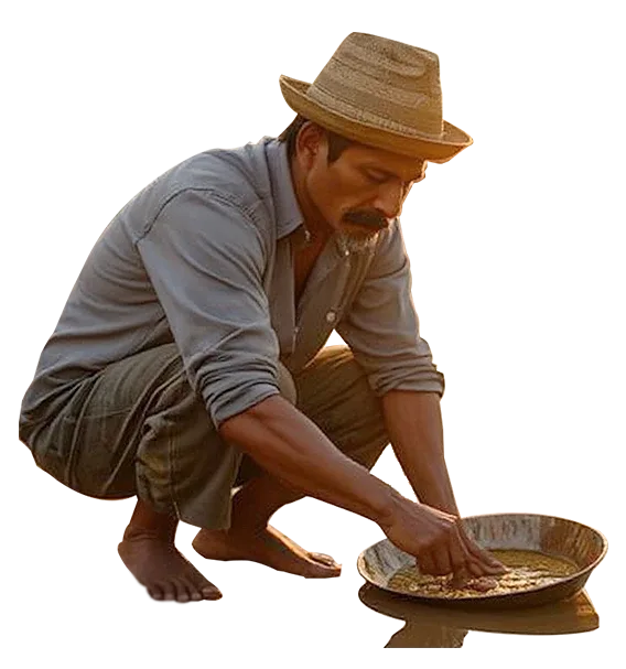 Minero con sombrero lava mineral en su batea