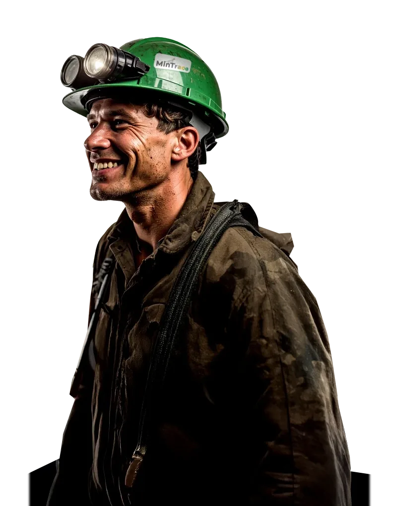 Minero sonriente con casco verde y lámpara