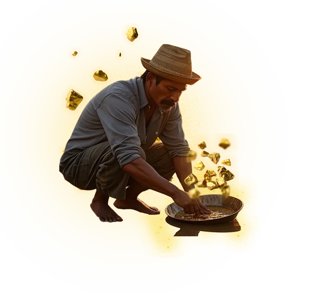 Minero con sombrero lava oro en su batea