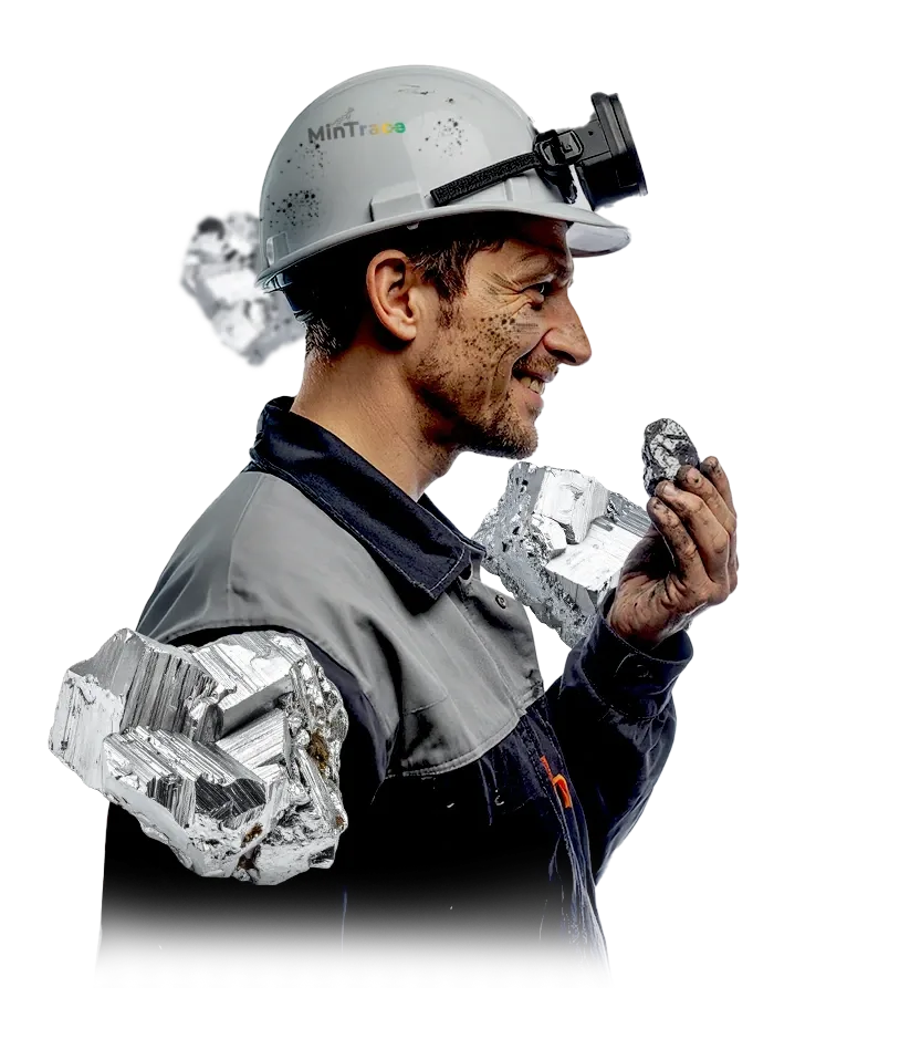 Minero con casco y lámpara sostiene un mineral plateado