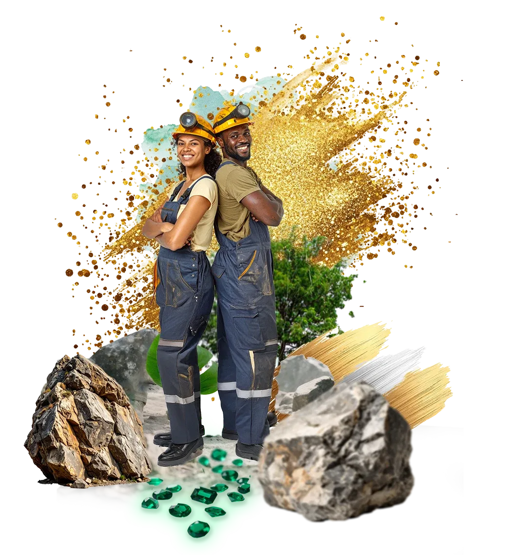 Minera y minero con casco entre rocas, esmeraldas y polvo dorado