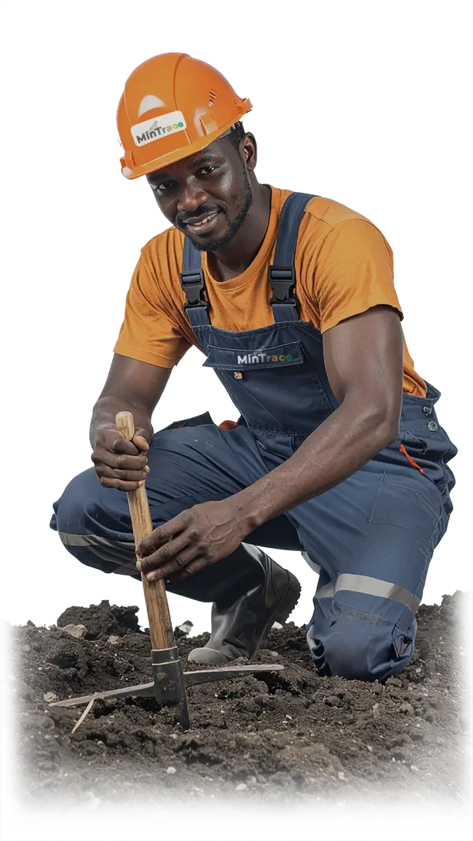 Minero con casco naranja trabaja la tierra con una pica