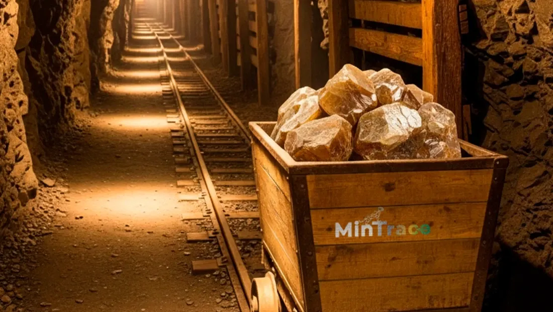 Vagoneta de madera cargada de mineral dentro de un socavón iluminado