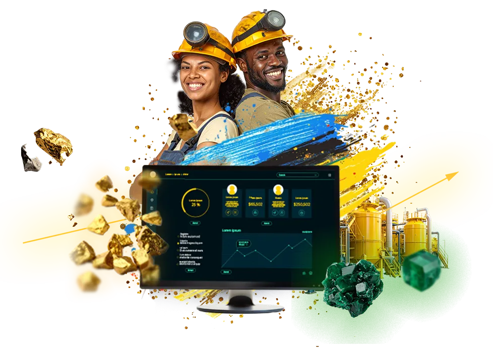 Mineros con casco junto a una pantalla de MinTrace, con oro, esmeraldas y una planta de beneficio alrededor