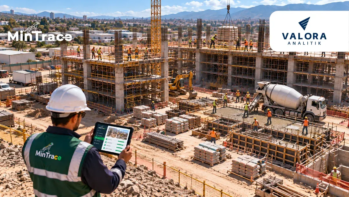 Profesional con chaleco de MinTrace revisa en una tableta el registro de trazabilidad en una obra en construcción, con los logos de MinTrace y Valora Analitik