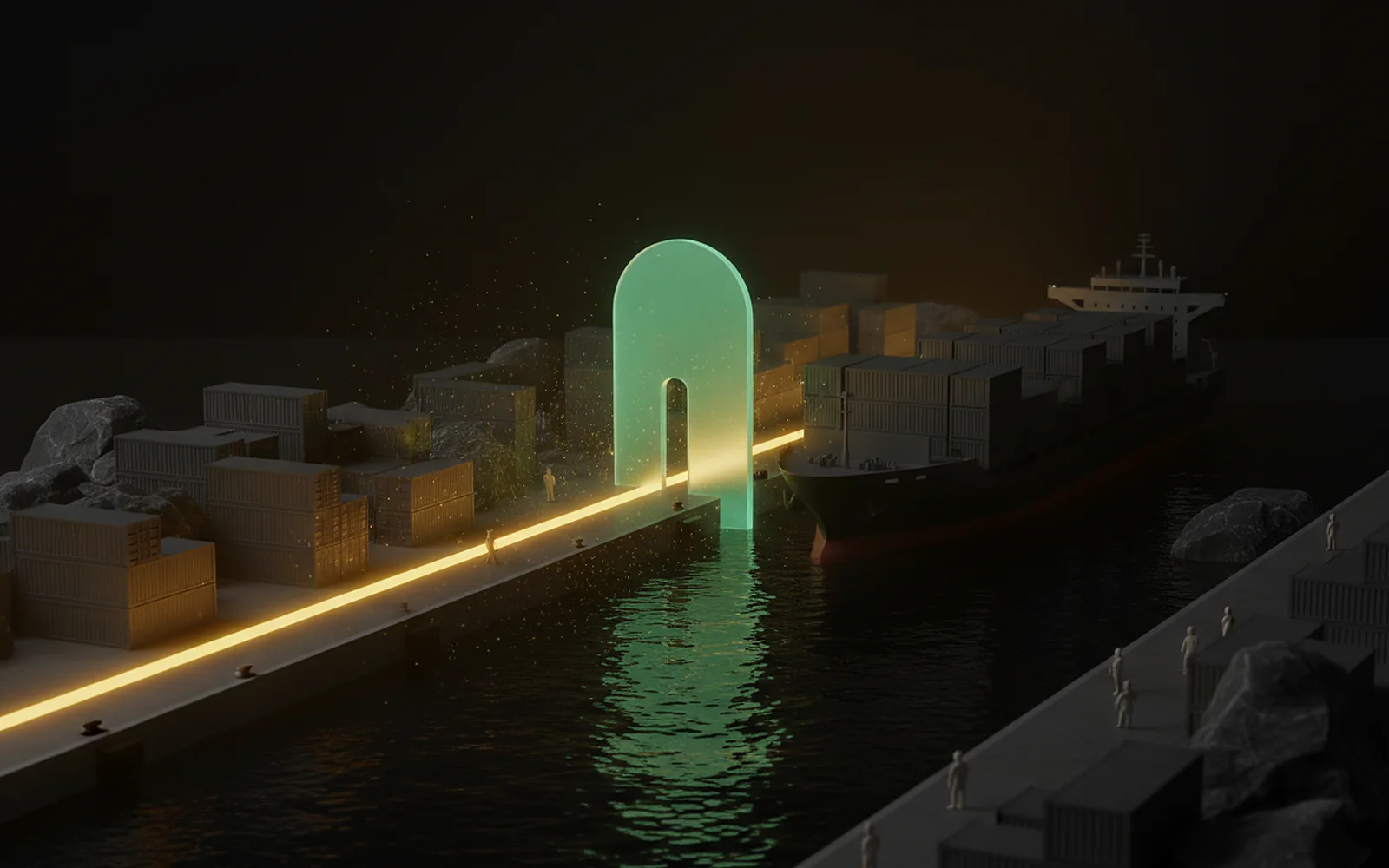 Buque con contenedores en el puerto al que llega la línea dorada